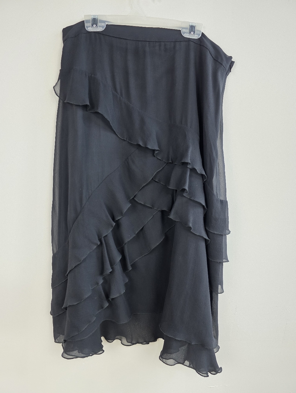 St. John Black Asymmetrical Tiered Ruffle Skirt, Silk, Size 12